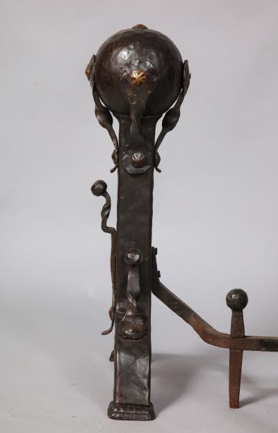 Pair of Iron and Bronze Strapwork Sphere Andirons