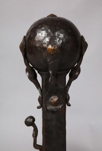 Pair of Iron and Bronze Strapwork Sphere Andirons