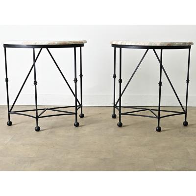 Pair of Iron and Marble Demilune Consoles