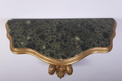 Pair of Italia Tuscany 18th Century Gilt Console Tables with Painted Marble Top