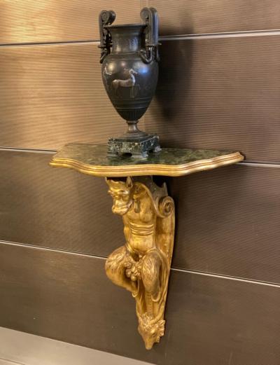 Pair of Italia Tuscany 18th Century Gilt Console Tables with Painted Marble Top