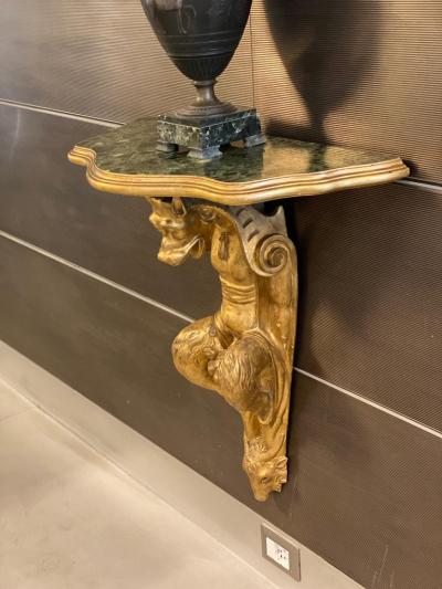 Pair of Italia Tuscany 18th Century Gilt Console Tables with Painted Marble Top