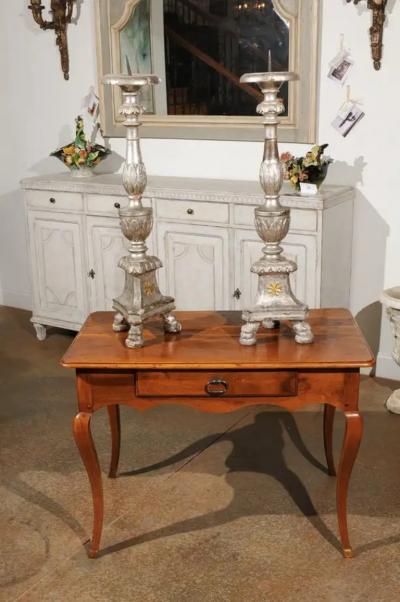 Pair of Italian 18th Century Silver Candlesticks with Gilt Star and Waterleaves