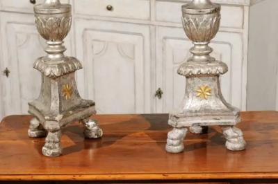 Pair of Italian 18th Century Silver Candlesticks with Gilt Star and Waterleaves