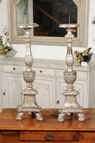 Pair of Italian 18th Century Silver Candlesticks with Gilt Star and Waterleaves