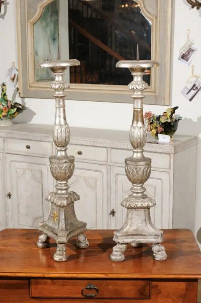 Pair of Italian 18th Century Silver Candlesticks with Gilt Star and Waterleaves