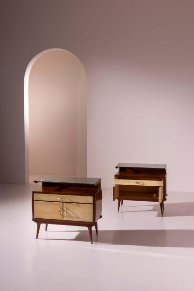 Pair of Italian 1940s Parchment Nightstands with Floating Glass Shelf