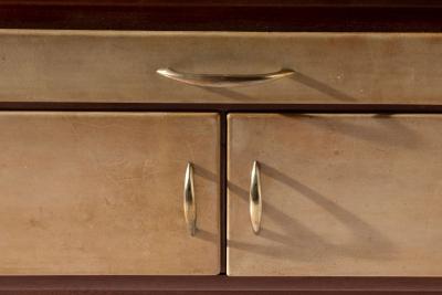 Pair of Italian 1940s Parchment Nightstands with Floating Glass Shelf