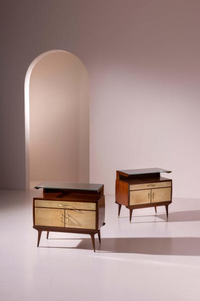 Pair of Italian 1940s Parchment Nightstands with Floating Glass Shelf