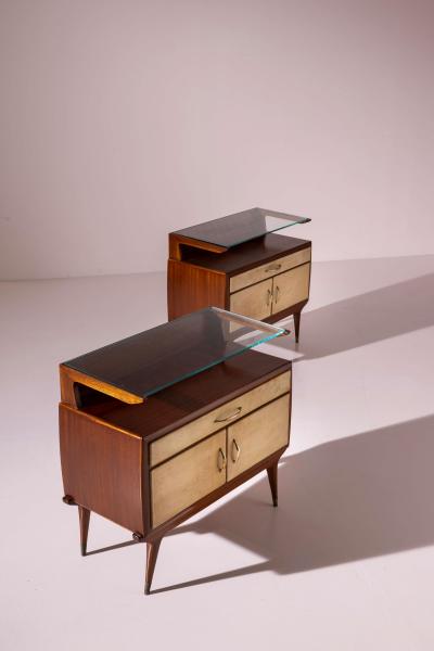 Pair of Italian 1940s Parchment Nightstands with Floating Glass Shelf