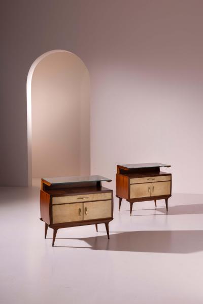 Pair of Italian 1940s Parchment Nightstands with Floating Glass Shelf