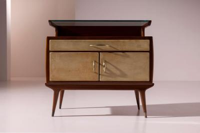 Pair of Italian 1940s Parchment Nightstands with Floating Glass Shelf