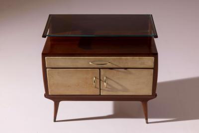 Pair of Italian 1940s Parchment Nightstands with Floating Glass Shelf