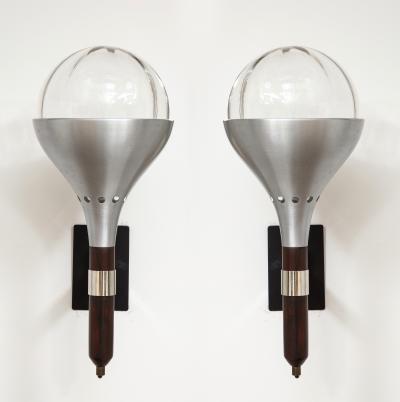 Pair of Italian 1940s Walnut and Nickel Plated Wall Sconces
