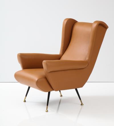 Pair of Italian 1950s Leather High Back Wing Lounge Chairs