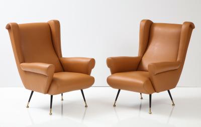 Pair of Italian 1950s Leather High Back Wing Lounge Chairs