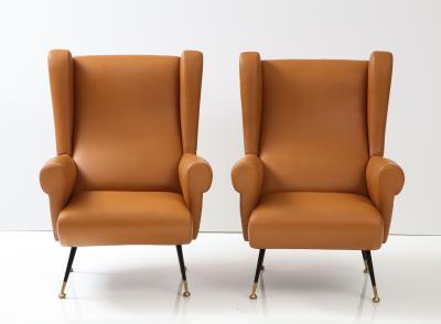 Pair of Italian 1950s Leather High Back Wing Lounge Chairs