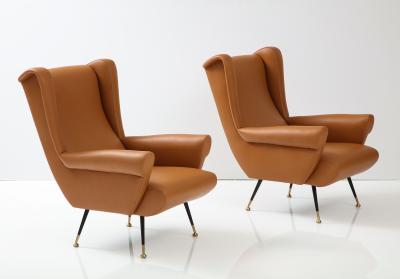 Pair of Italian 1950s Leather High Back Wing Lounge Chairs