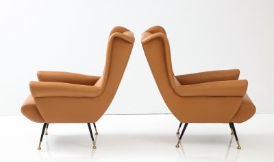Pair of Italian 1950s Leather High Back Wing Lounge Chairs