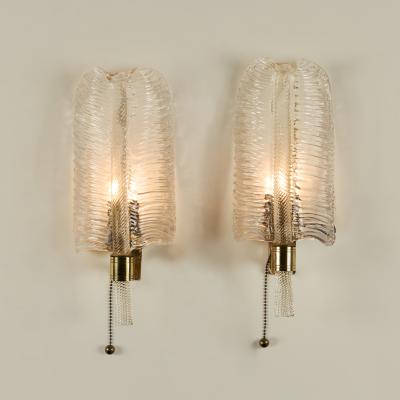 Pair of Italian 1950s Murano gold flecked glass leaf wall lights