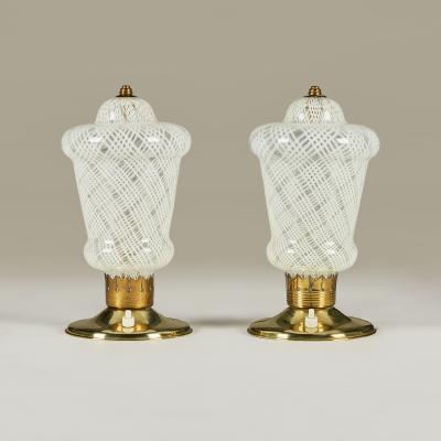Pair of Italian 1950s brass and Murano Reticello table lights
