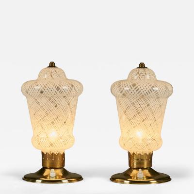 Pair of Italian 1950s brass and Murano Reticello table lights