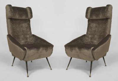 Pair of Italian 1960s Grey Velvet Upholstered Stylized Wing Back Armchairs
