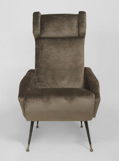 Pair of Italian 1960s Grey Velvet Upholstered Stylized Wing Back Armchairs