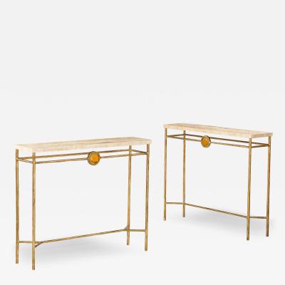 Pair of Italian 1970s Gilded Iron and Travertine Console Tables