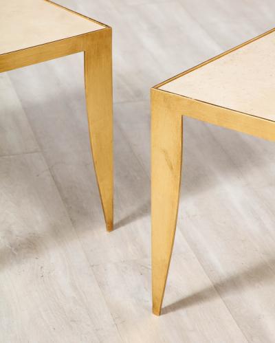 Pair of Italian 1970s Gilt Metal and Travertine Tables