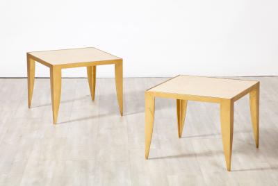 Pair of Italian 1970s Gilt Metal and Travertine Tables