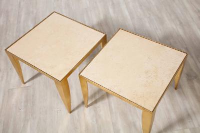 Pair of Italian 1970s Gilt Metal and Travertine Tables