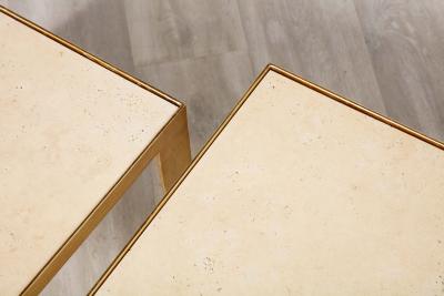Pair of Italian 1970s Gilt Metal and Travertine Tables