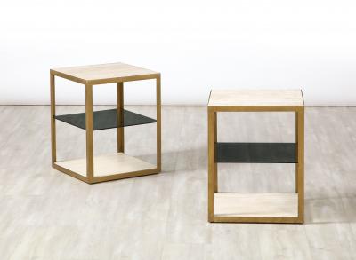 Pair of Italian 1970s Travertine and Smoked Glass Side Tables