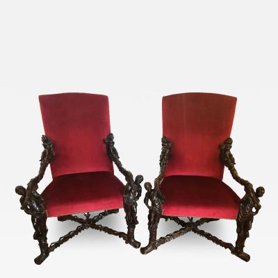 Pair of Italian 19th Century Baroque Carved Arm Throne Chairs Figural Carvings