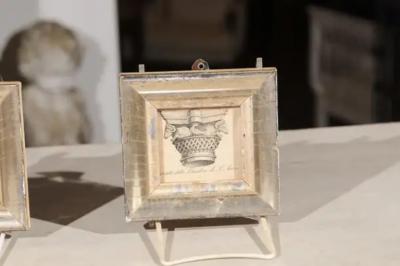 Pair of Italian 19th Century Engravings Depicting Capitals in Silver Frames