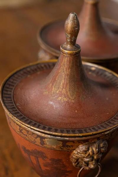 Pair of Italian 19th Century Napoleon III Lacquered Tin Lidded Vases with Scenes