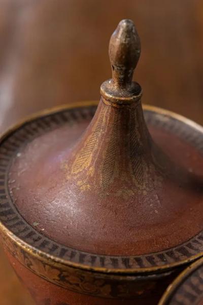 Pair of Italian 19th Century Napoleon III Lacquered Tin Lidded Vases with Scenes