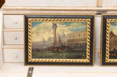 Pair of Italian 19th Century Paintings Depicting Venice in Black and Gold Frames