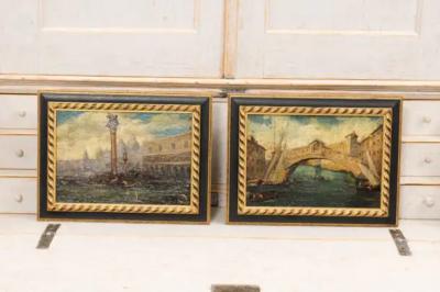 Pair of Italian 19th Century Paintings Depicting Venice in Black and Gold Frames