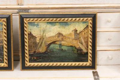 Pair of Italian 19th Century Paintings Depicting Venice in Black and Gold Frames