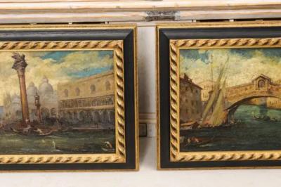 Pair of Italian 19th Century Paintings Depicting Venice in Black and Gold Frames
