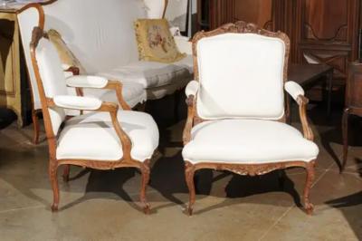Pair of Italian 19th Century Rococo Style Carved Walnut Upholstered Armchairs