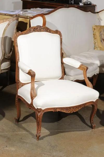 Pair of Italian 19th Century Rococo Style Carved Walnut Upholstered Armchairs
