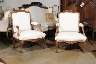 Pair of Italian 19th Century Rococo Style Carved Walnut Upholstered Armchairs