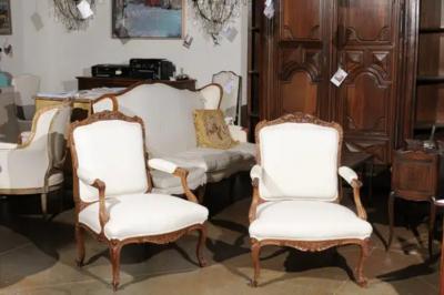 Pair of Italian 19th Century Rococo Style Carved Walnut Upholstered Armchairs