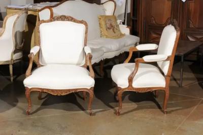 Pair of Italian 19th Century Rococo Style Carved Walnut Upholstered Armchairs