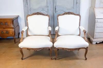 Pair of Italian 19th Century Rococo Style Carved Walnut Upholstered Armchairs