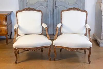 Pair of Italian 19th Century Rococo Style Carved Walnut Upholstered Armchairs
