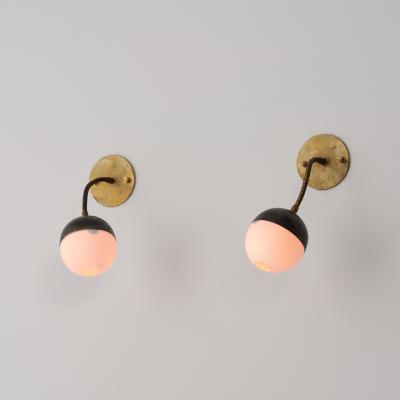Pair of Italian Adjustable Brass and Opaline Glass Wall Sconces 1950s